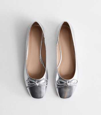 Truffle Silver Leather-Look Bow Ballerina Pumps