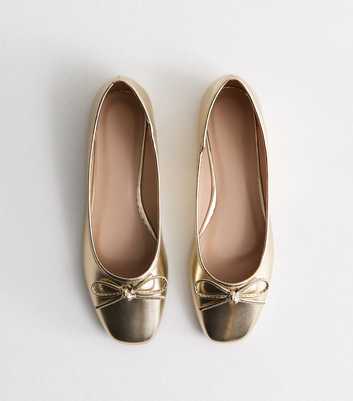 Truffle Gold Leather-Look Bow Ballerina Pumps