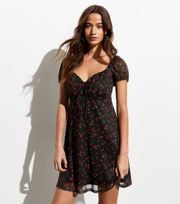 Black Cherry Print Mini Dress