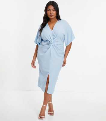QUIZ Curves Pale Blue Textured Twist Front Midi Dress