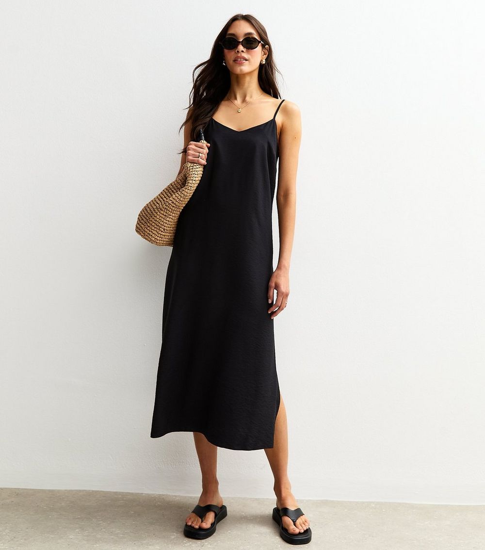 Black Satin Strappy Midi Dress