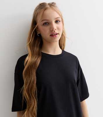 Girls Black Cotton Longline Oversized T-Shirt