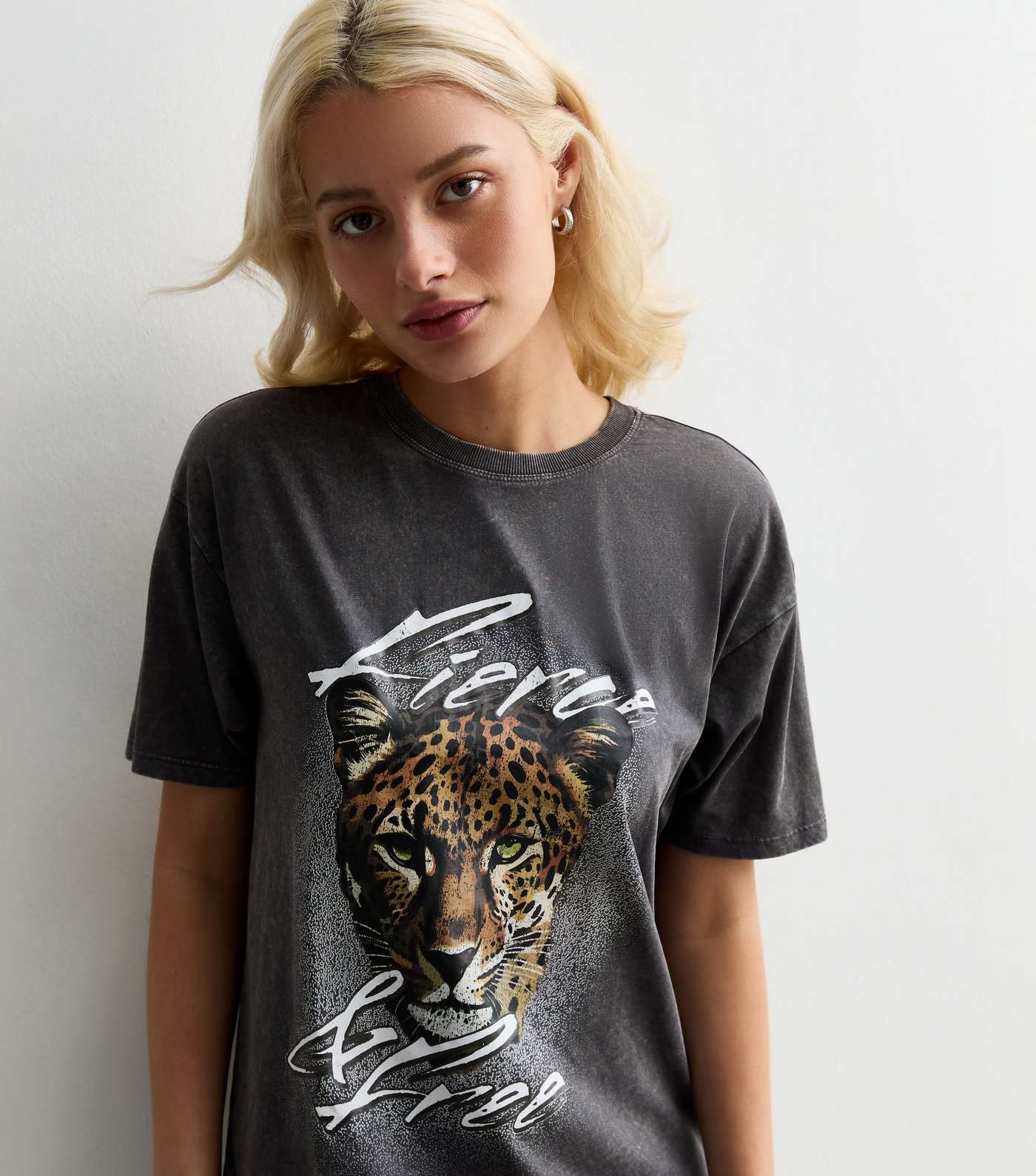Dark Grey Fierce Leopard Print Oversized Cotton T-Shirt Image 2