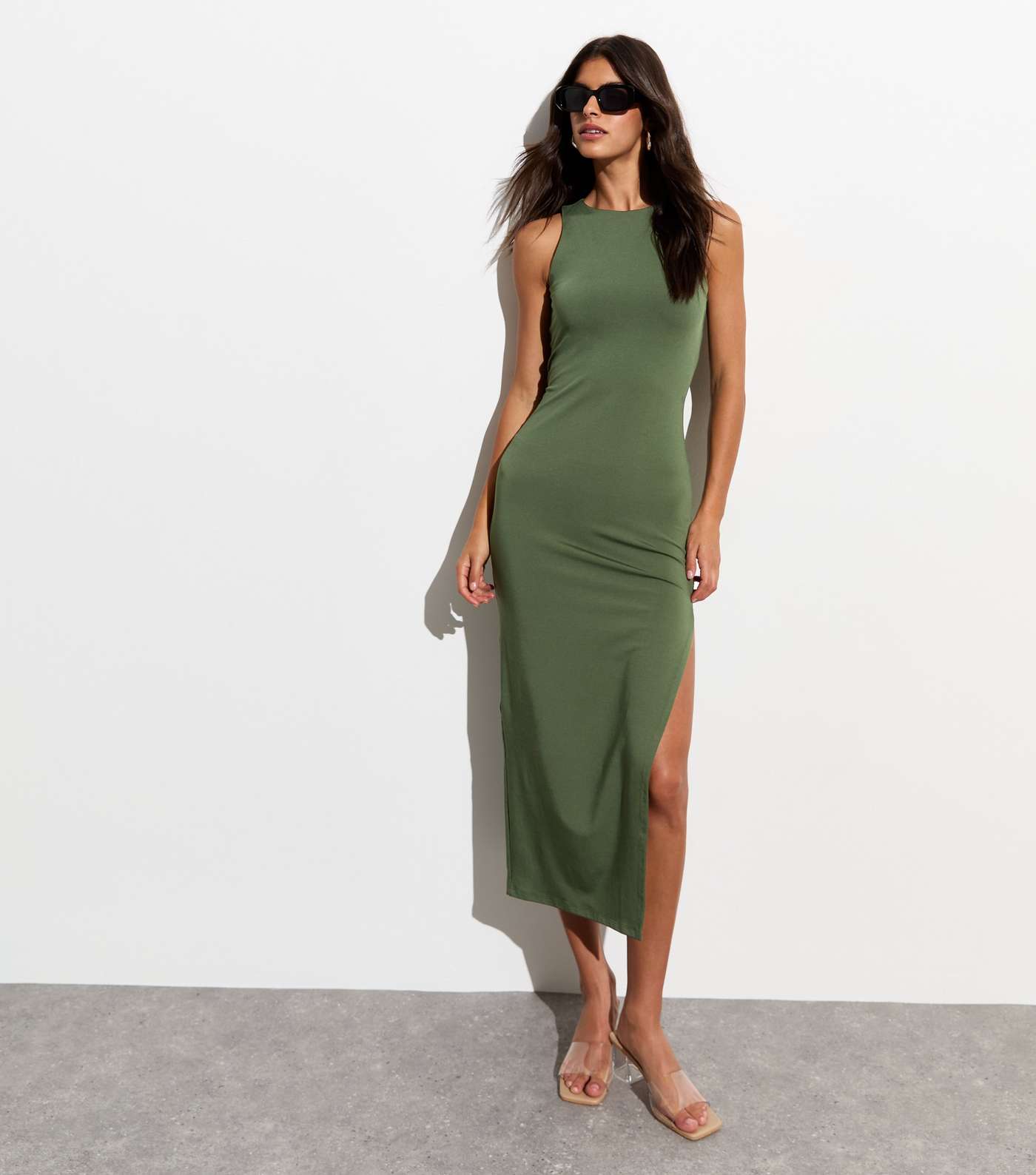 Olive Sleeveless Side Split Midi Dress Image 3