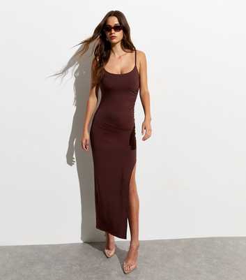Dark Brown Ruched Side Strappy Midi Dress
