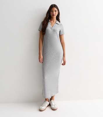 Grey Jersey Ribbed Collared Midi Dress