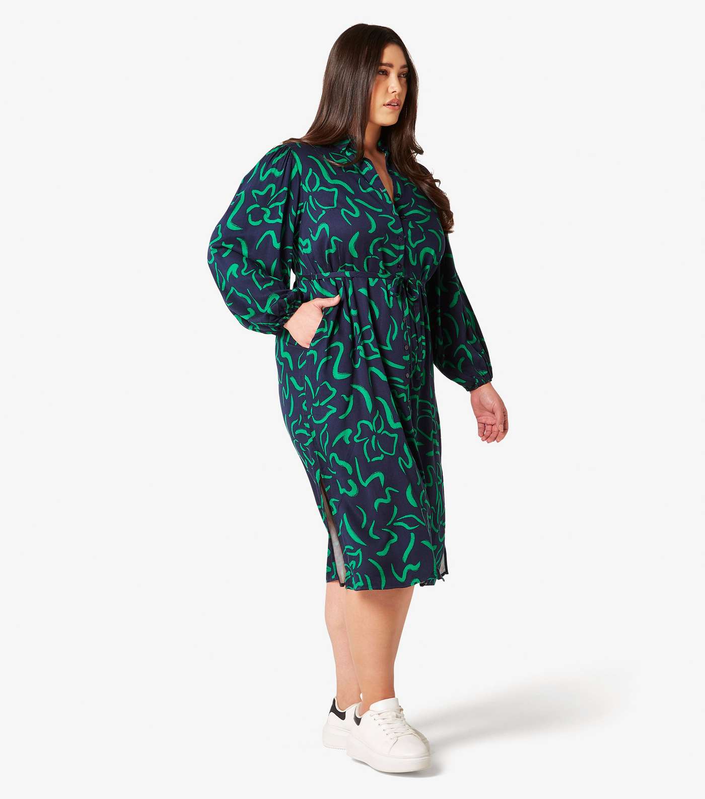 Apricot Curves Navy Lines Print Belted Midi Shirt Dress Image 2