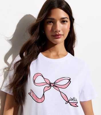 White Cotton Bow Print Girlfriend T-Shirt