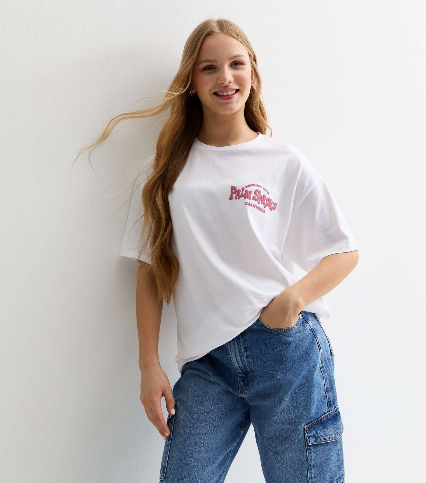 Girls White Palm Springs Front and Back Print Oversized T-Shirt Image 2