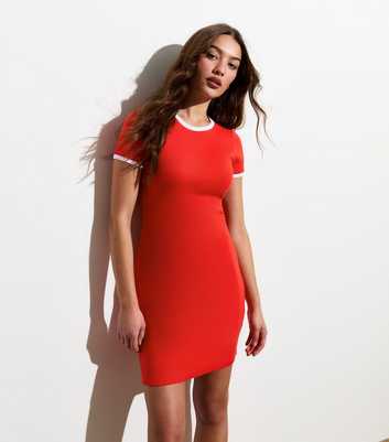 Red Ribbed Contrast Trim Mini Dress