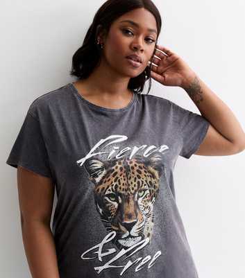 Curves Dark Grey Acid Wash Cotton Fierce & Free Leopard Print T-Shirt