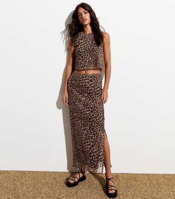 Brown Leopard Print Frill Trim Slitted Mesh Maxi Skirt 