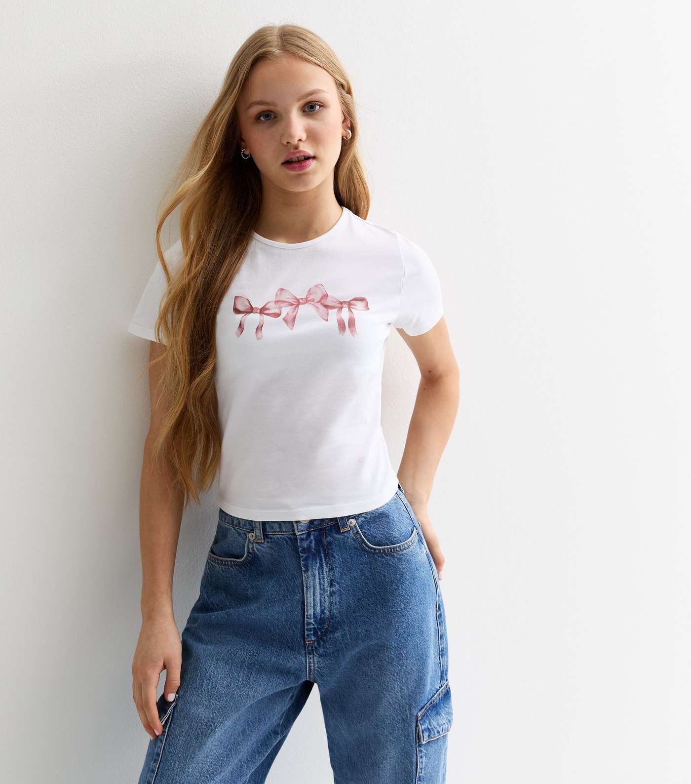 Girls White Triple Bow Print Cotton T-Shirt Image 3