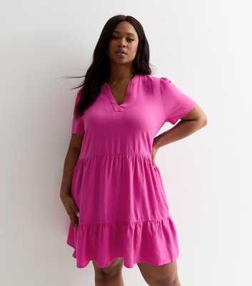 ONLY Curves Bright Pink Linen Blend Tiered Mini Dress