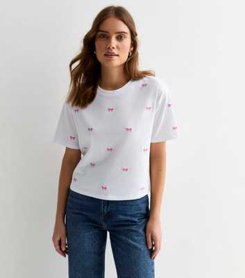 Pink Embroidered-Bow Boxy Cotton T-Shirt