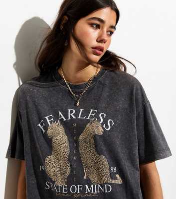 Dark Grey Fearless Leopard Print Oversized T-Shirt