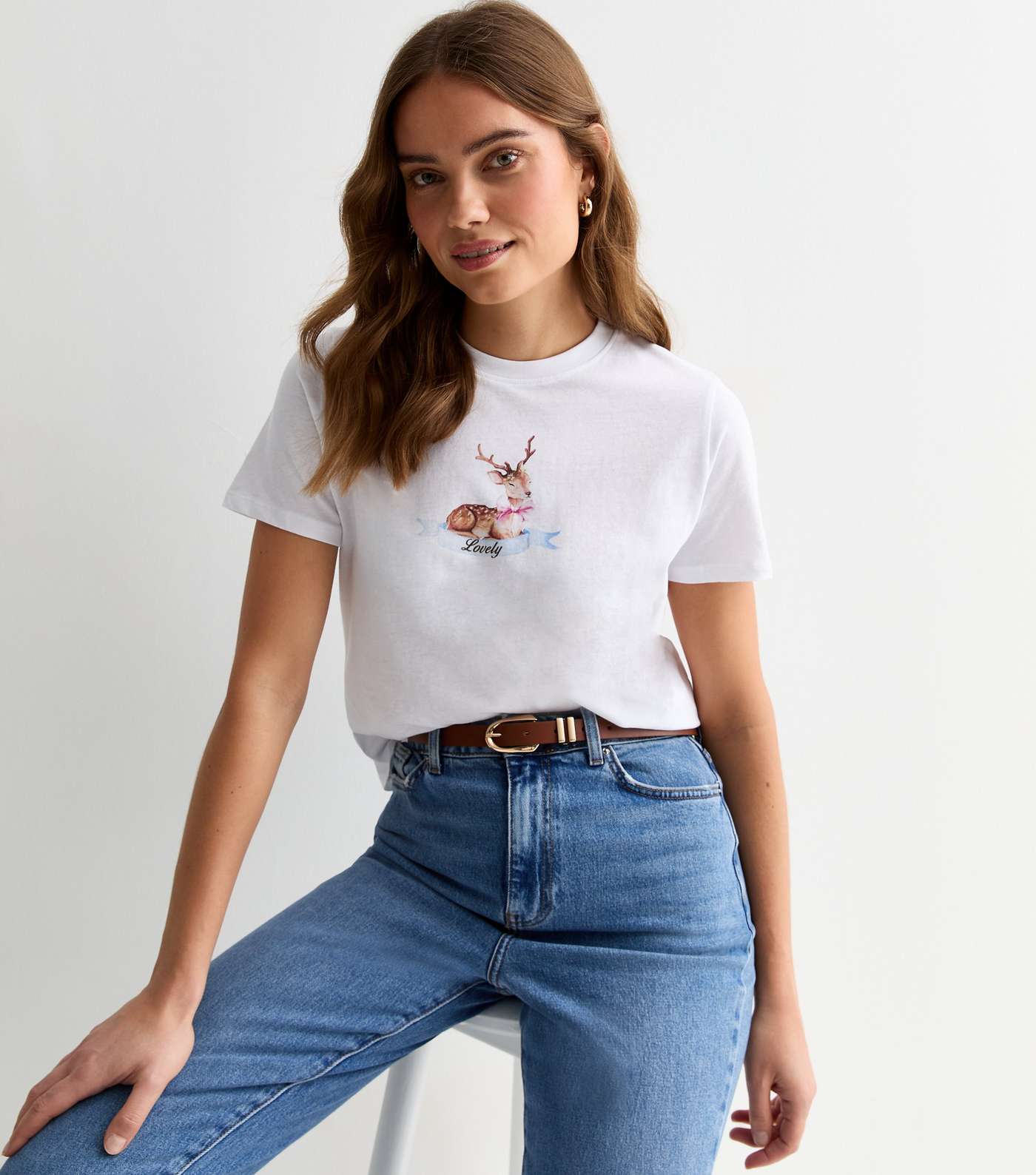White Cotton Lovely Deer Print Girlfriend T-Shirt Image 2