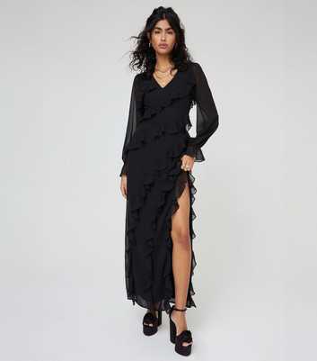WKNDGIRL Black Long Sleeve Ruffle Split Hem Maxi Dress