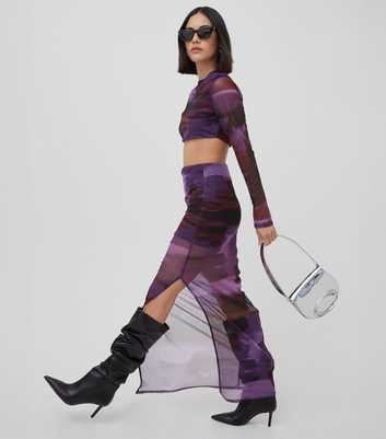 WKNDGIRL Purple Abstract Print Mesh Maxi Skirt