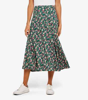 Apricot Green Floral Midi Skirt 