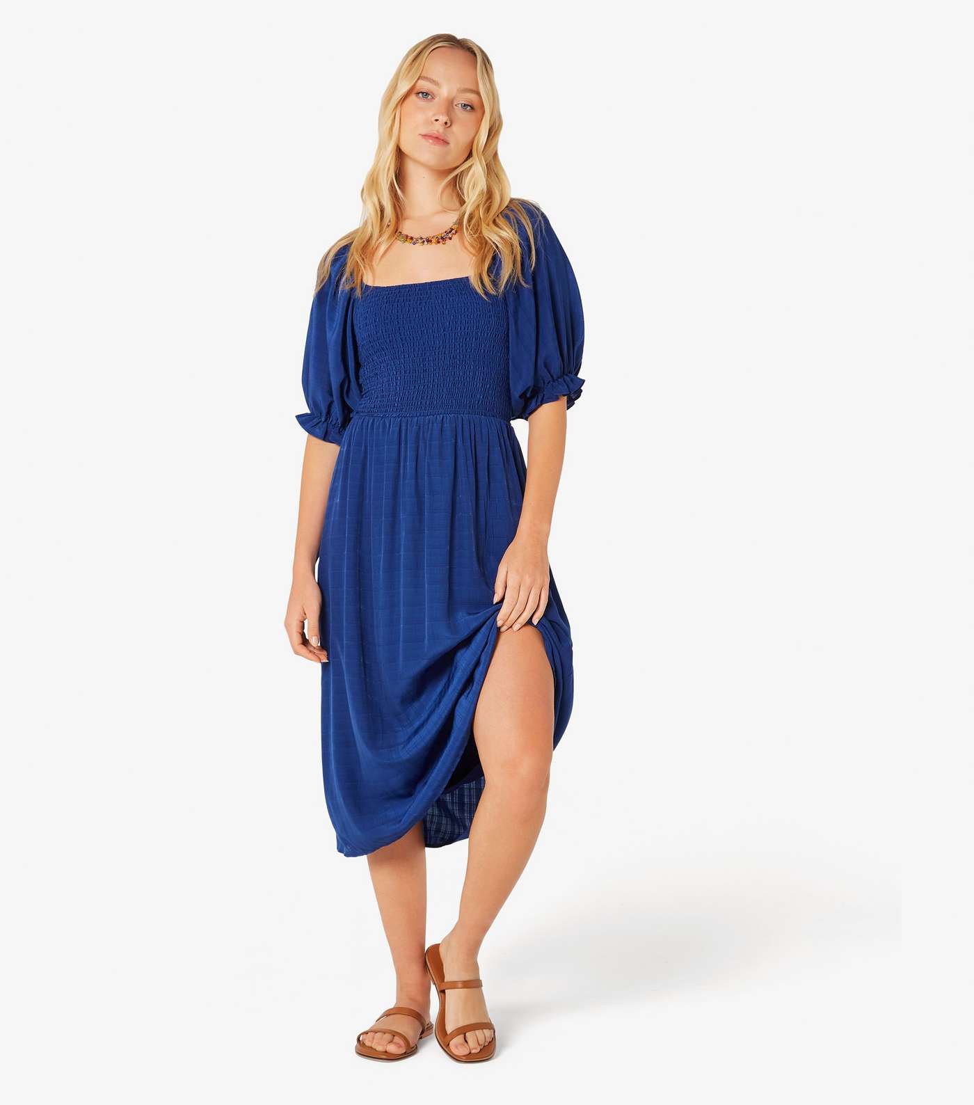 Apricot Blue Shirred Midi Dress Image 2