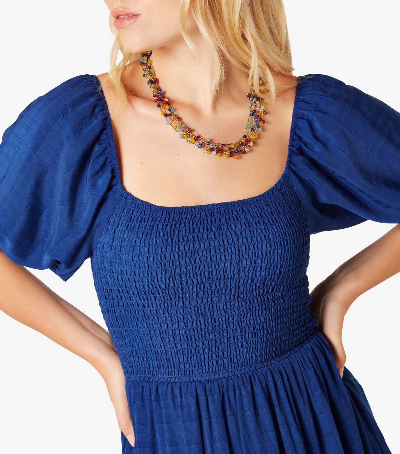 Apricot Blue Shirred Midi Dress Image 4