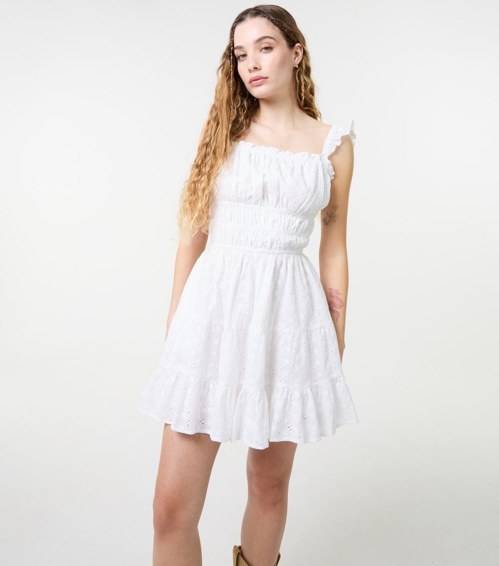 Pink Vanilla White Square Neck Tiered Mini Dress