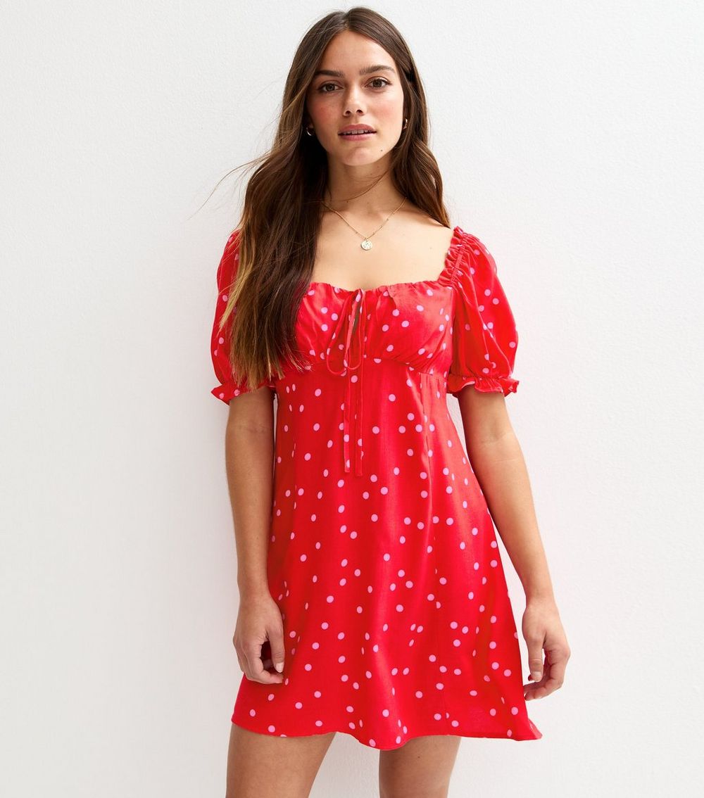 Petite Red Polka Dot Milkmaid Mini Dress