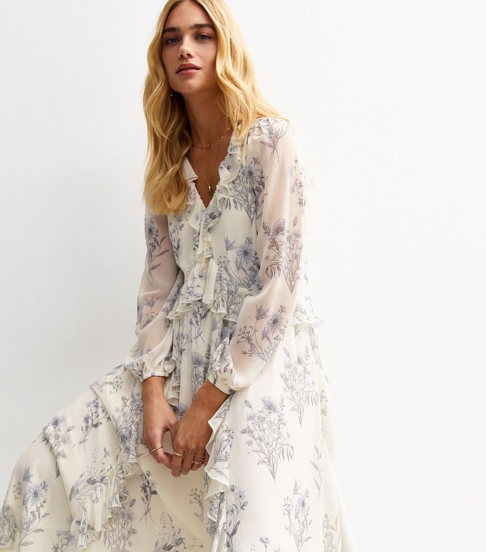 White Floral Print Ruffle Trimmed Chiffon Midi Dress