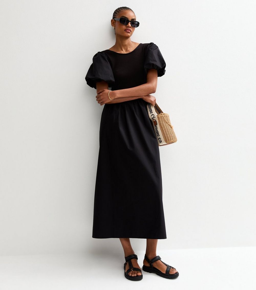 Tall Black Puff Sleeve 2 in 1 Poplin Skirt Midi Dress