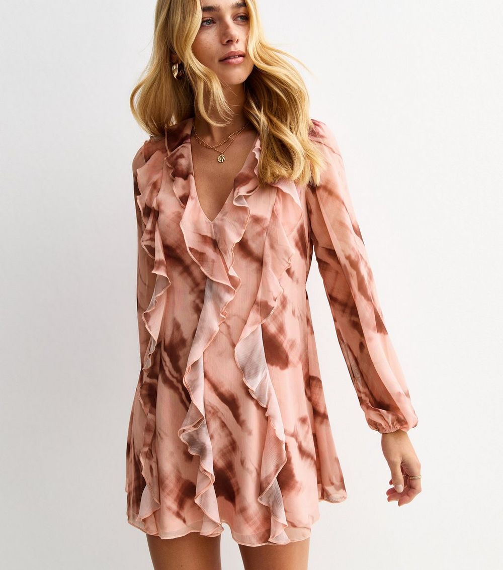 Pink Tie Dye Print Ruffle Trim Chiffon Mini Dress