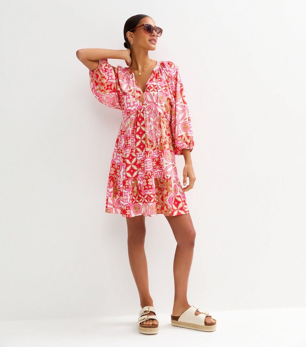 Pink Tile Print Mini Smock Dress