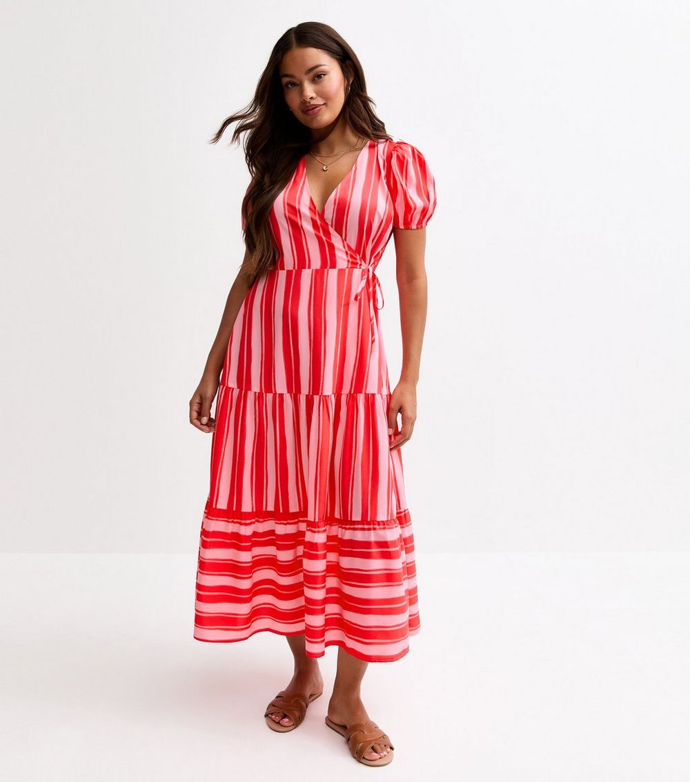 Petite Pink Striped Wrap Style Tiered Midi Dress