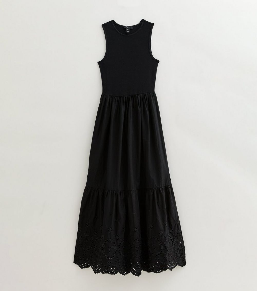 Tall Black Ribbed Bodice Embroidered Hem Midi Dress