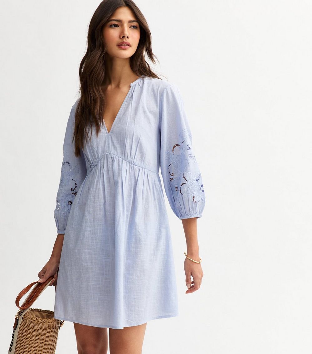 Light Blue Broderie Sleeve Smock Mini Dress