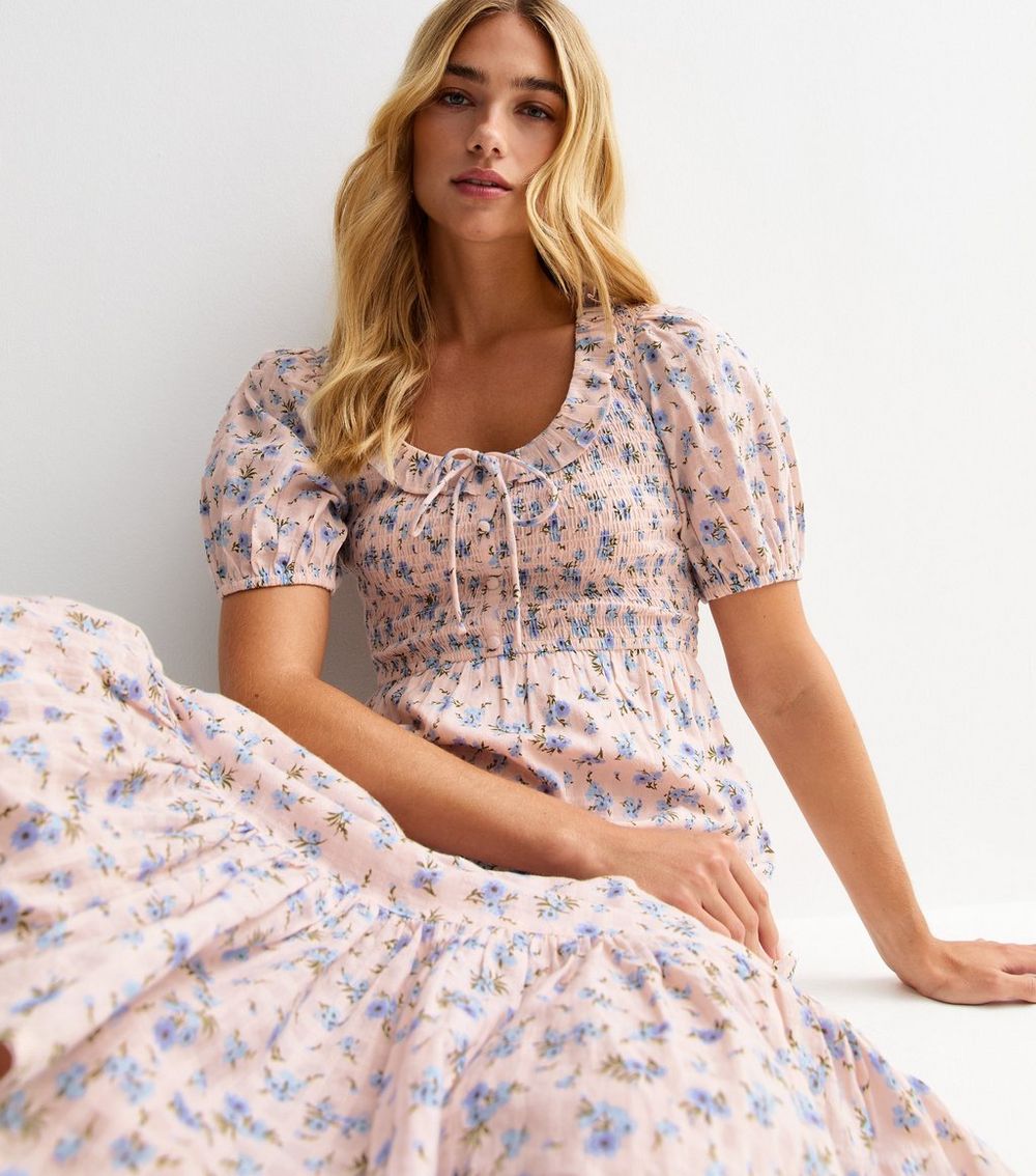 Pink Floral Print Tie Neck Milkmaid Midi Dress