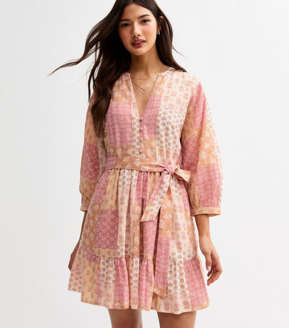 Pink Floral Print Tiered Hem Mini Dress