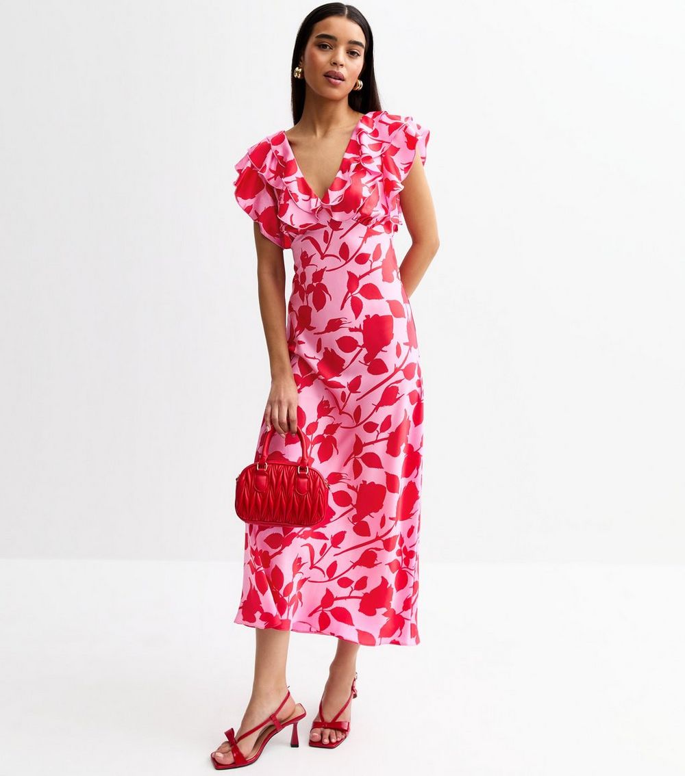 Pink Satin Floral print Ruffle Trim Midi Dress