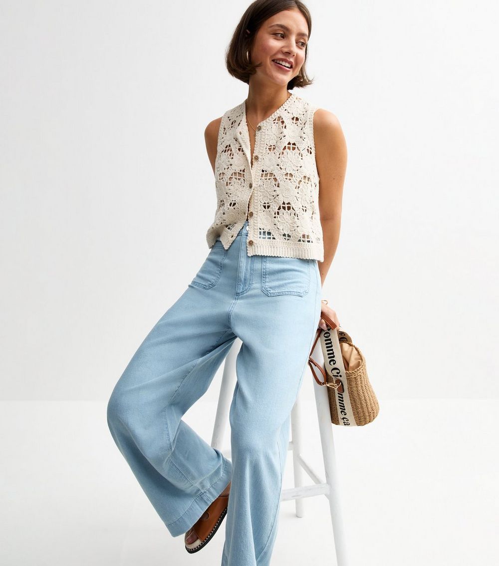 Pale Blue Wide Leg Patch Pocket Soft Denim