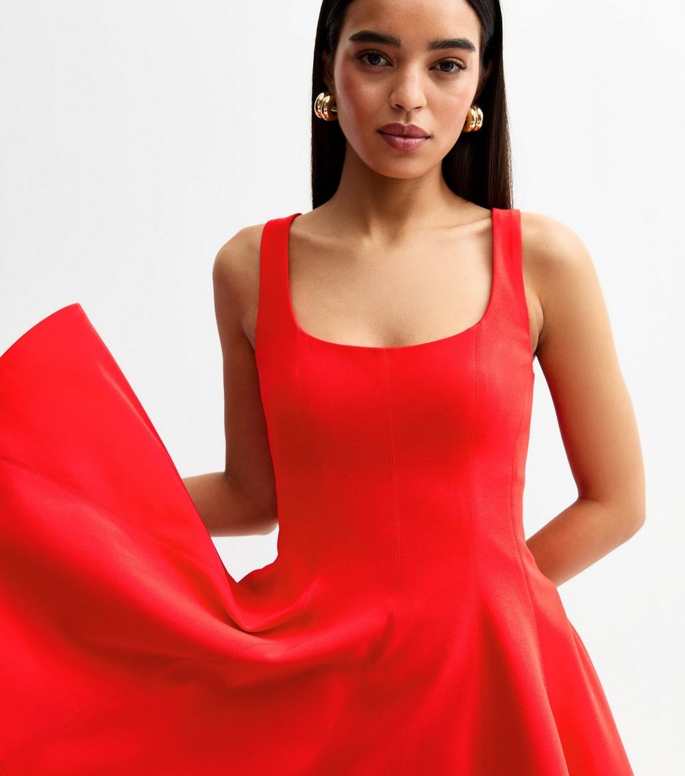 Red Square Neck Flared Mini Dress