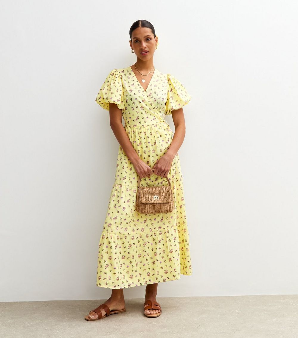 Yellow Floral Print Tiered Wrap Dress