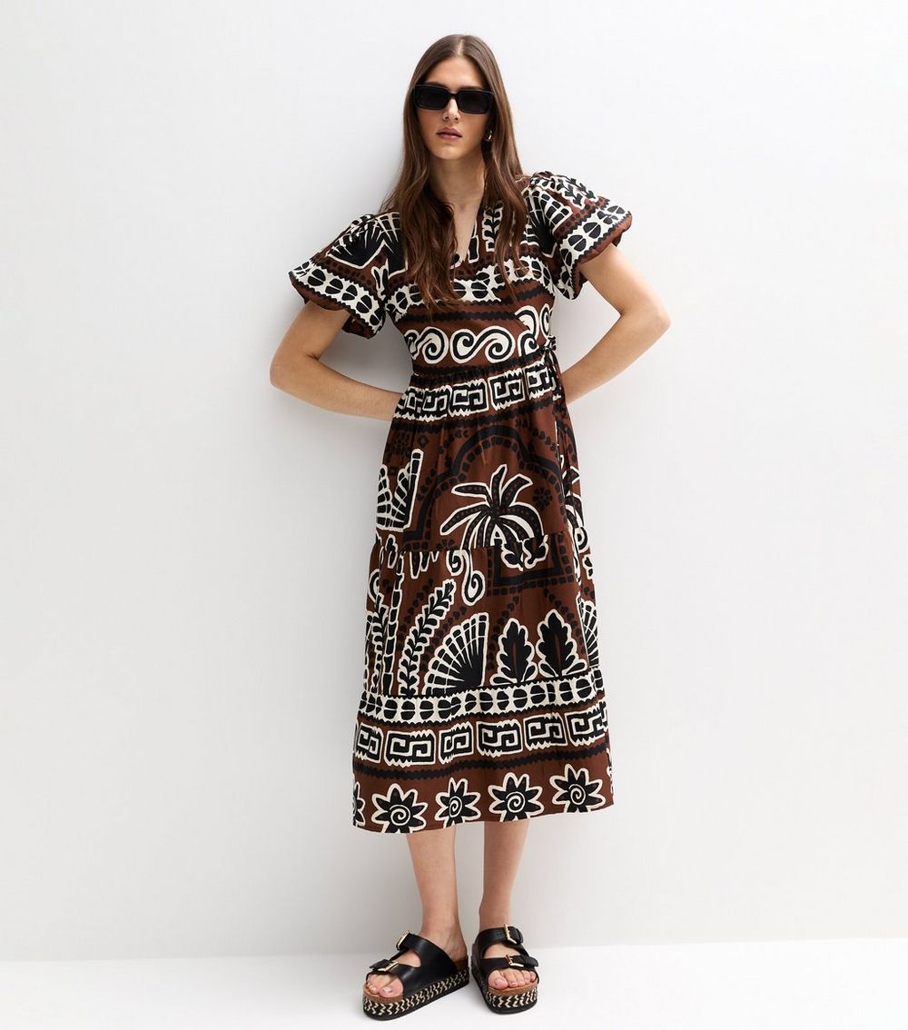 Brown Palm Tree Print Wrap Midi Dress