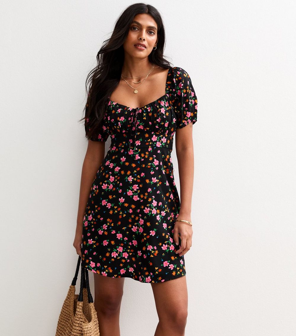 Black Floral Print Puff Sleeve Mini Dress