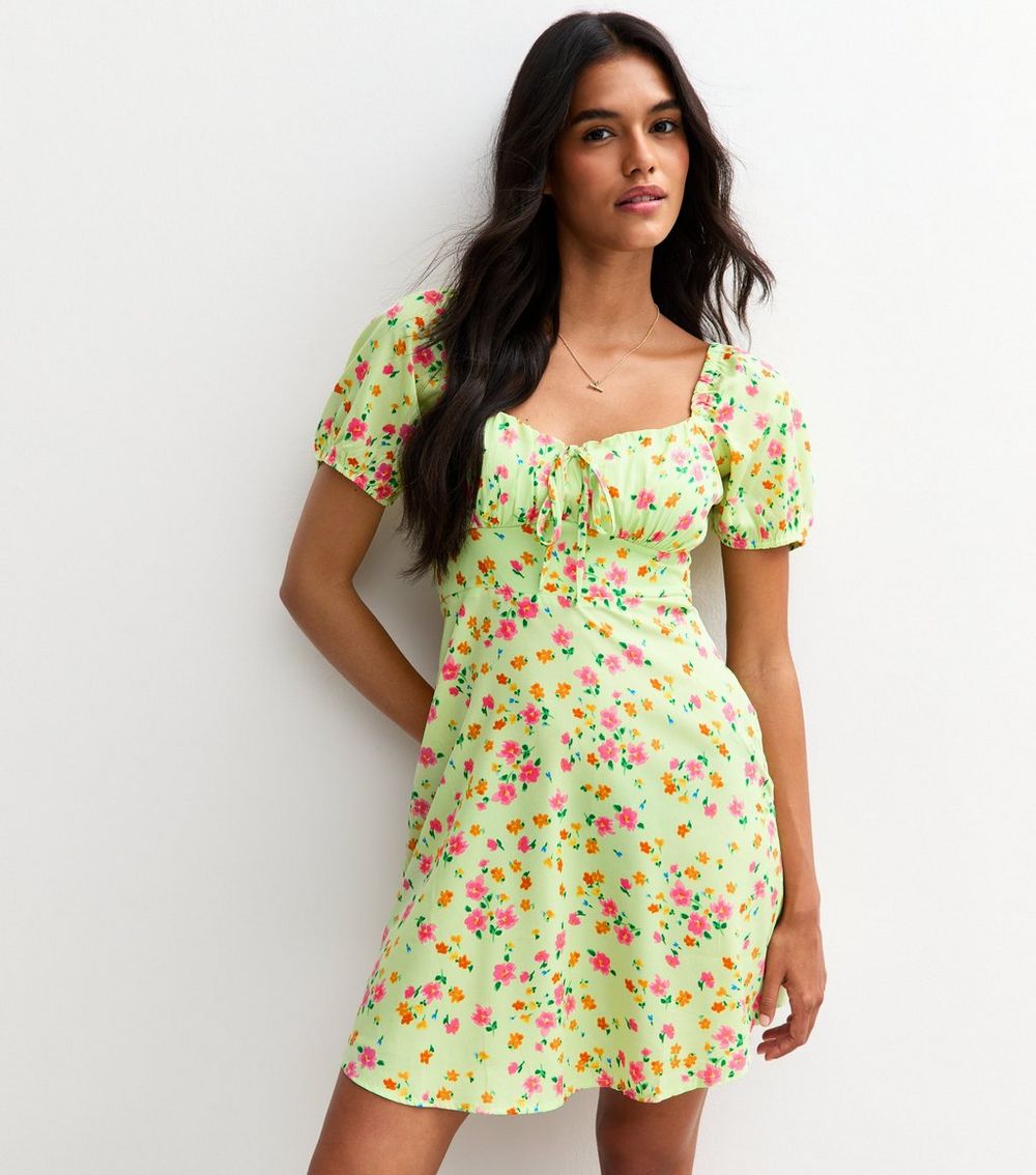 Green Crepe Ditsy Print Milkmaid Mini Dress