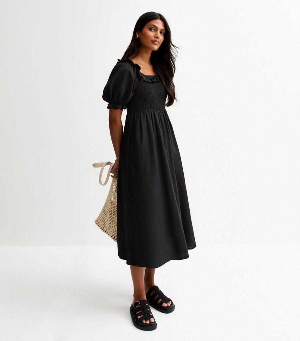 Black Frilly Trimmed Smock Midi Dress