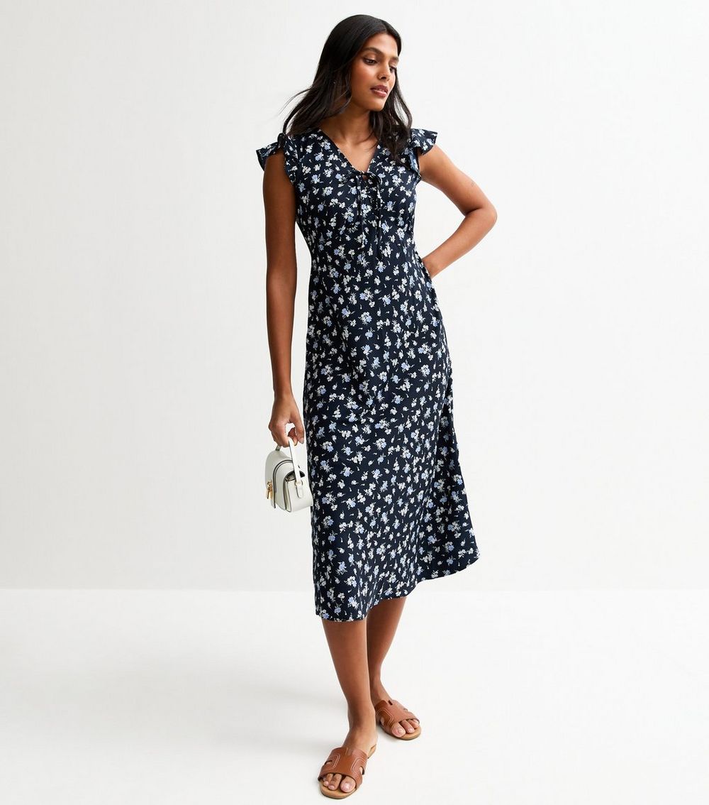 Blue Floral Print Tie Neck Midi Dress
