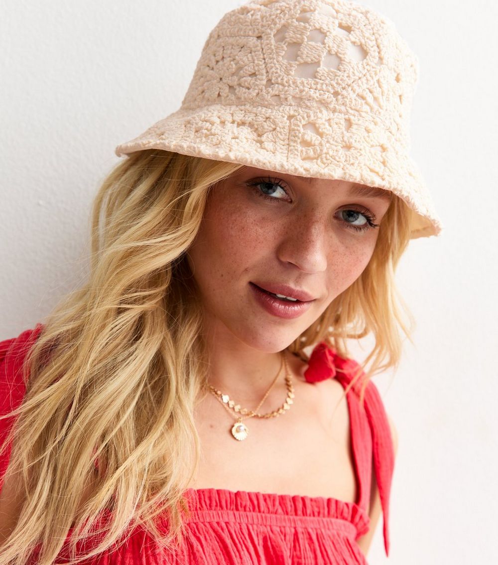 Cream Crochet Knit Bucket Hat