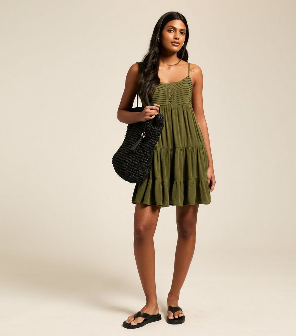 Khaki Pintuck Strappy Mini Dress