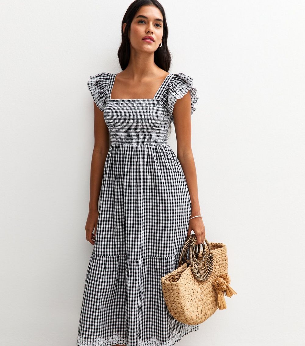 Black Gingham Print Embroidered Frill Sleeve Tiered Midi Dress