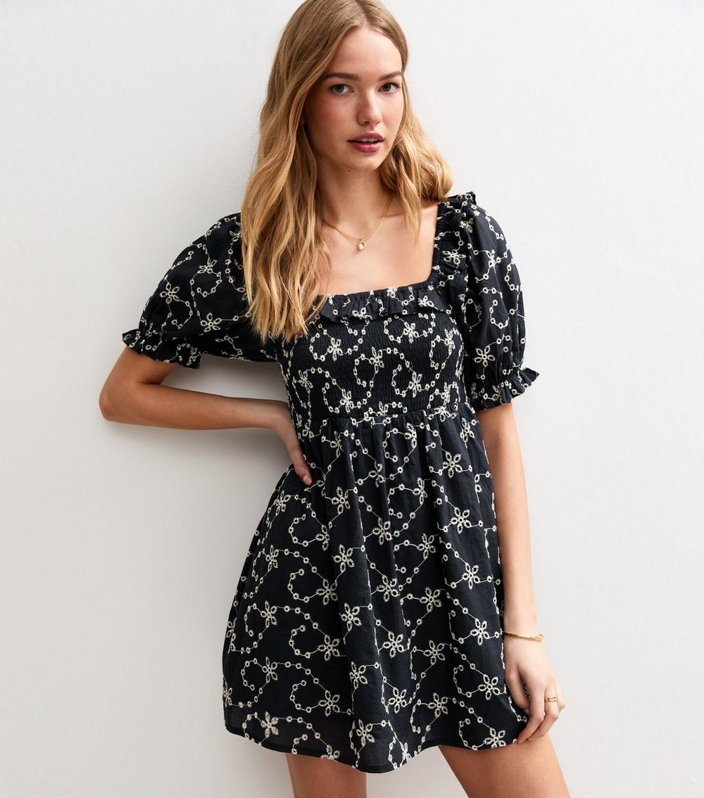 Navy Broderie Embroidered Milkmaid Mini Dress